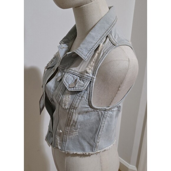 Denim Trucker Style Vest Womens Small Distressed Button Front Sleeveless Y2K New - Picture 13 of 16